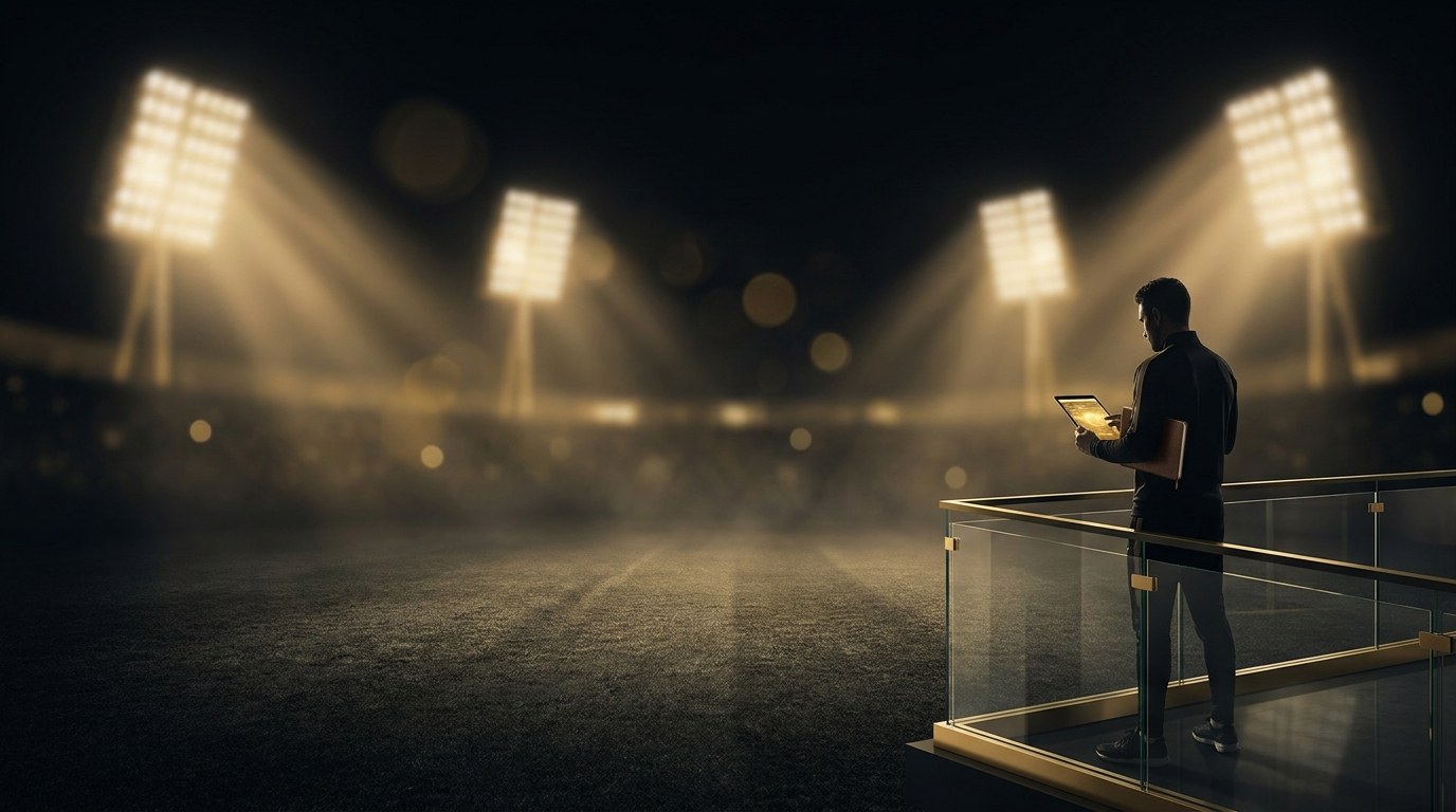 Night football stadium with warm golden light, illustrating Thai online football betting